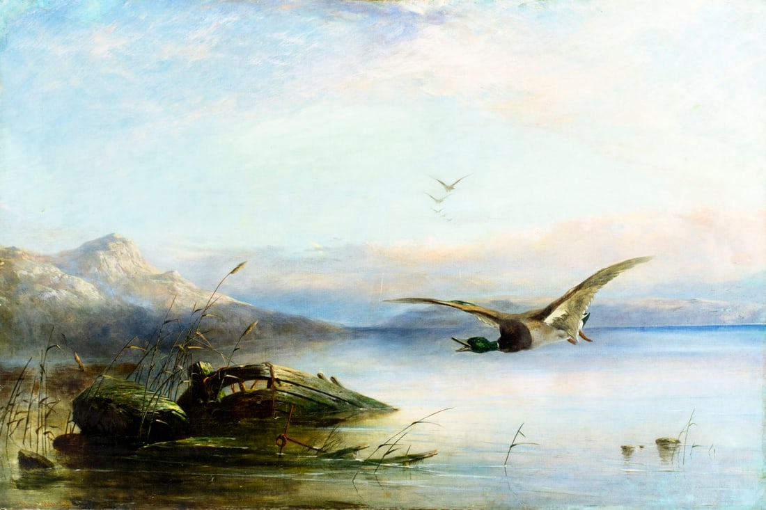 Robert Henry Roe (UK,1822-1905) oil painting antique: ARTIST: Robert Henry Roe (United Kingdom, 1822 - 1905) TITLE: Ducks - Wild Birds in Flight (titled on stretcher) YEAR: 1855 MEDIUM: oil on canvas CONDITION:
