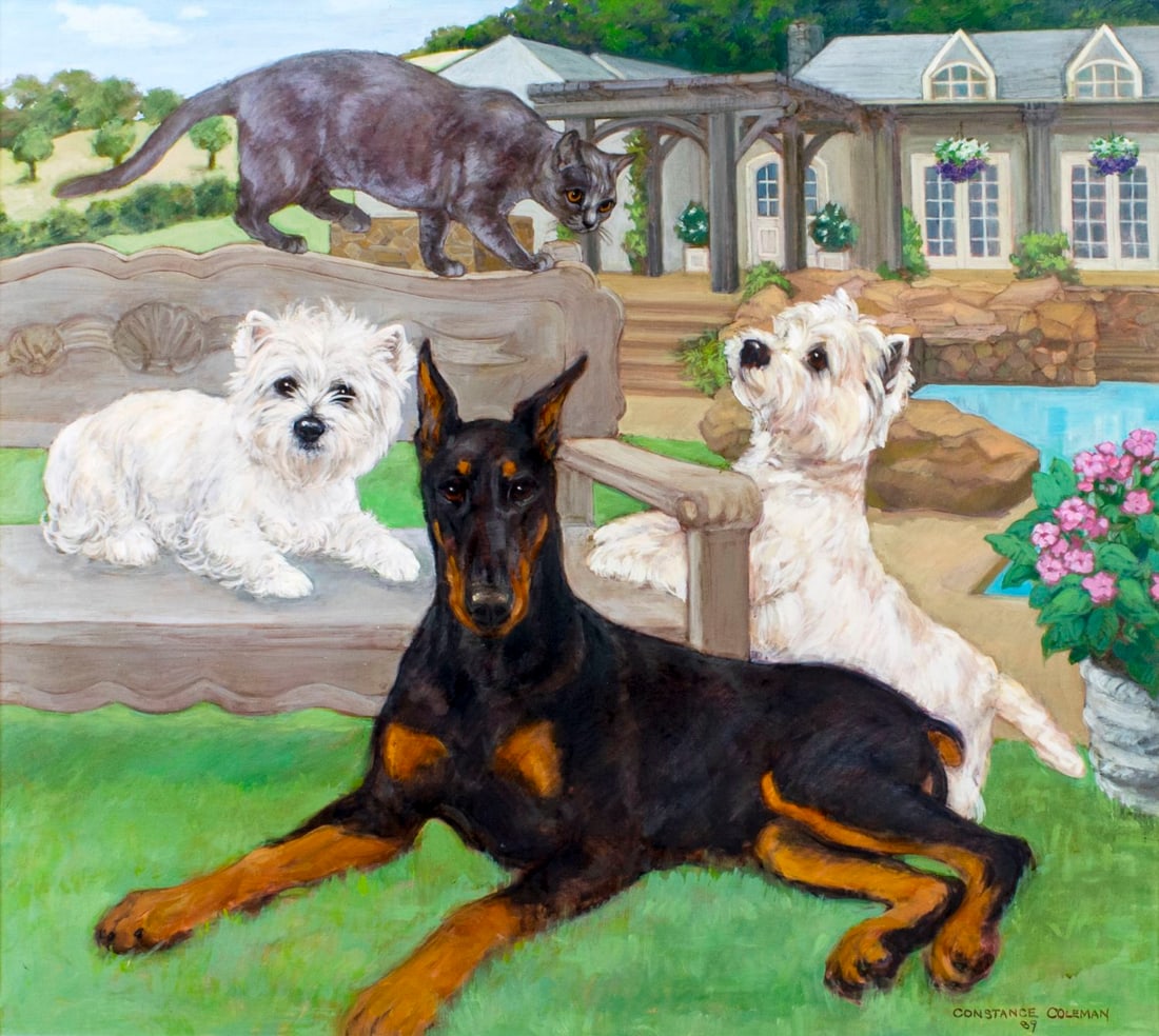 Constance Richardson (MI,IN,1905-2002) oil painting: ARTIST: Constance Coleman Richardson (Michigan, Indiana, 1905 - 2002) TITLE: Three Dogs and Cat YEAR: 1989 MEDIUM: oil on canvas CONDITION: Very good. No