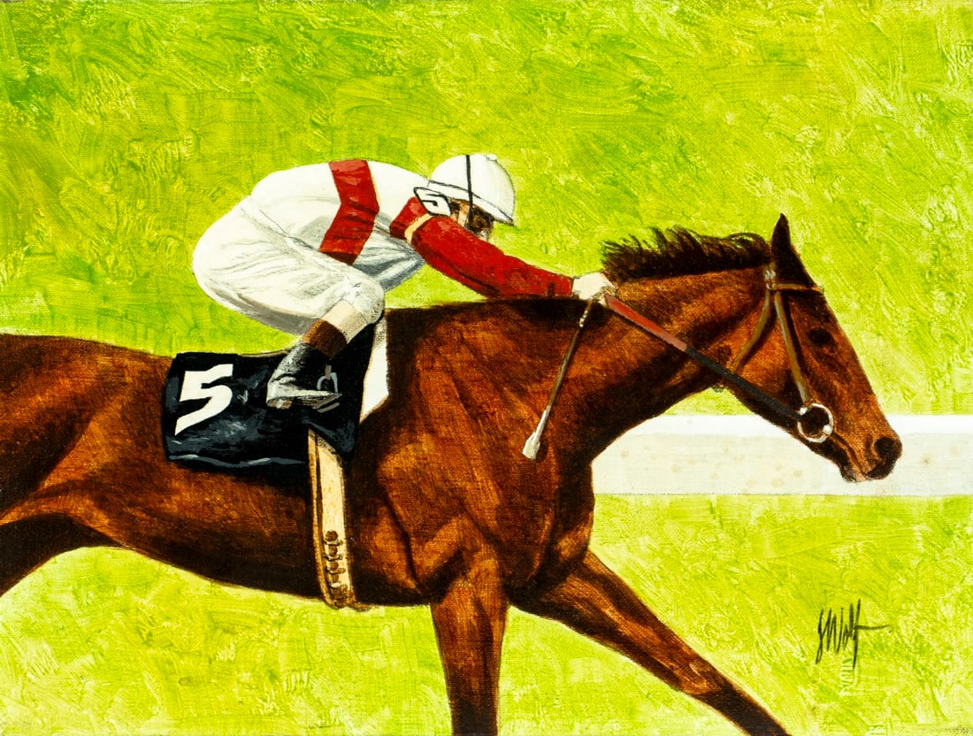 Wolf (US,20C) oil painting: ARTIST: Wolf (American, 20 century) TITLE: Horse Racing MEDIUM: oil on canvas CONDITION: Overall good. No visible inpaint under UV light. Normal wear to edges. AR