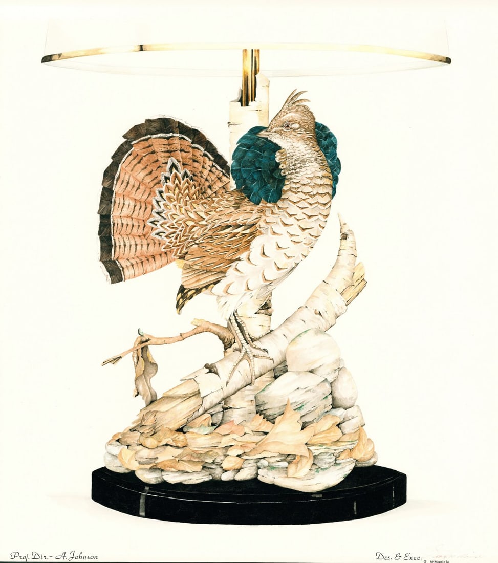 George McMonigle (PA,Hawaii,b 1951) watercolor painting: ARTIST: George McMonigle (Pennsylvania, Hawaiian, born 1951) TITLE: Ruffed Grouse YEAR: 1982 MEDIUM: watercolor on board CONDITION: Minor damages to corn