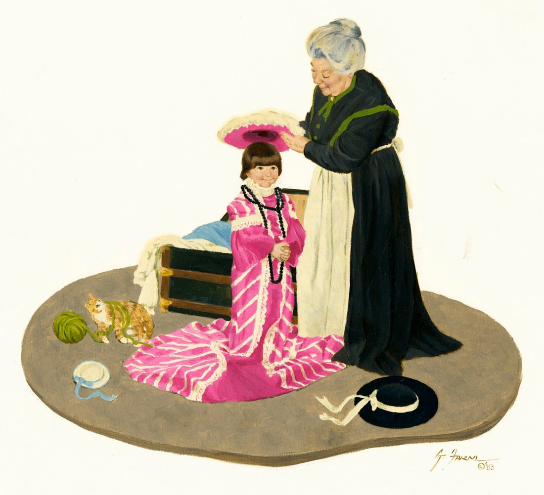 Gerald Farm (NM,NE,1935-2023) gouache painting: ARTIST: Gerald Farm (New Mexico, Nebraska, 1935 - 2023) TITLE: Girl with Grandmother YEAR: 1983 MEDIUM: gouache on board CONDITION: Overall good.