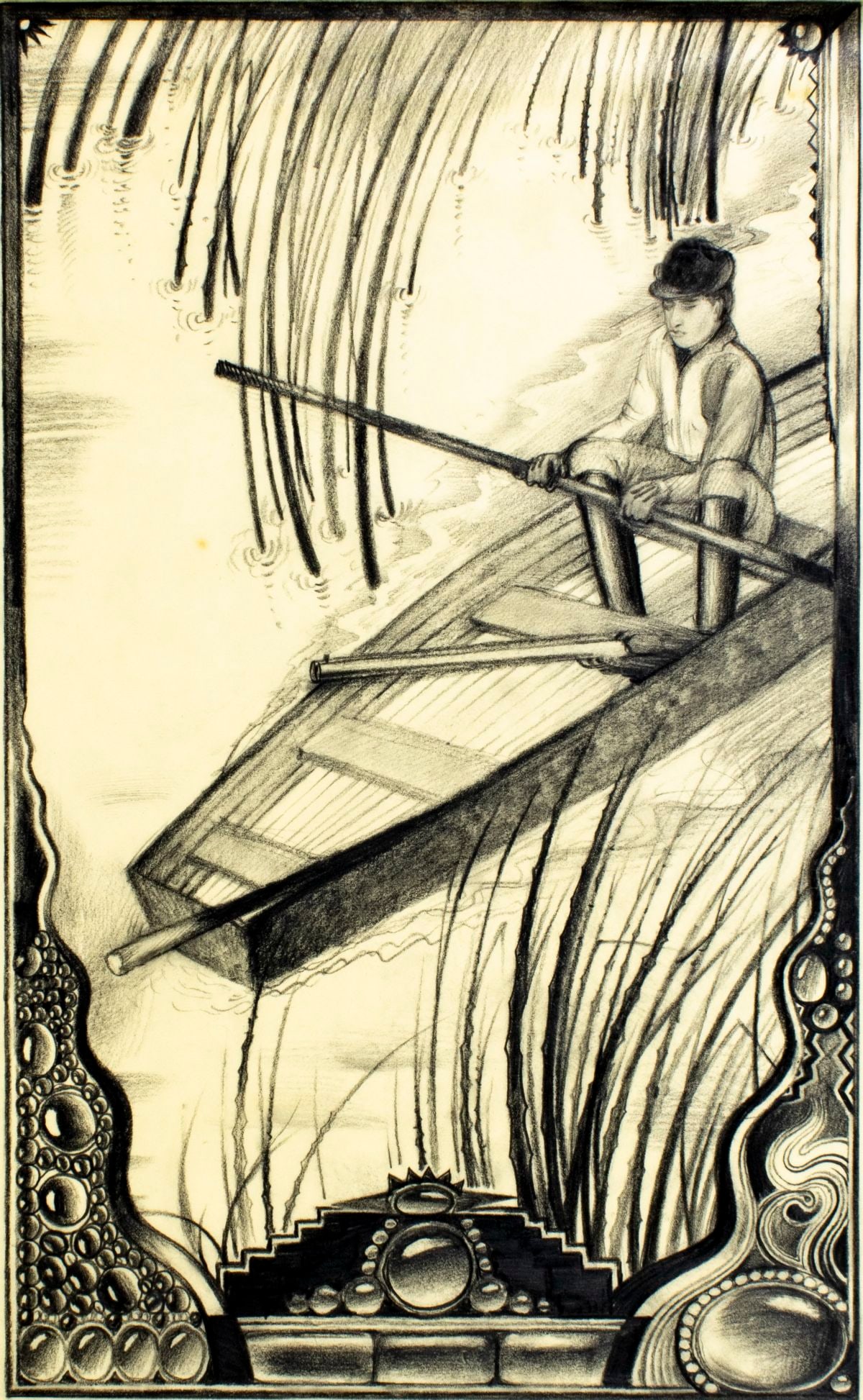 David Mario Palladini (NY,b 1946) graphite painting: ARTIST: David Mario Palladini (New York, born 1946) TITLE: Justine - Man in Boat YEAR: 1980 MEDIUM: graphite on paper. Paper applied to board. CONDITION: