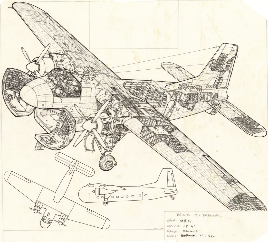 John Batchelor (UK,1936-2019) ink painting: ARTIST: John Henry Batchelor (United Kingdom, 1936 - 2019) TITLE: Plane - Bristol 170 Freighter (titled on verso) YEAR: 1987 MEDIUM: ink on paper. Paper applied to board.<