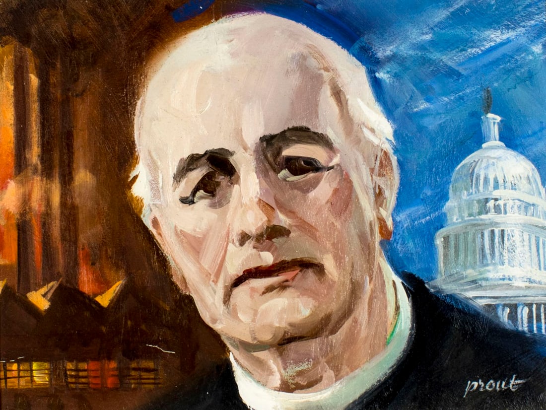 George Morton Prout (IN,FL,1913-2016) oil painting: ARTIST: George Morton Prout (Indiana, Florida, 1913 - 2016) NAME: Illustration - Mnsgr. John A. Ryan 1869-1945 YEAR: 1972 MEDIUM: oil on board CONDITION: Very good. No vi