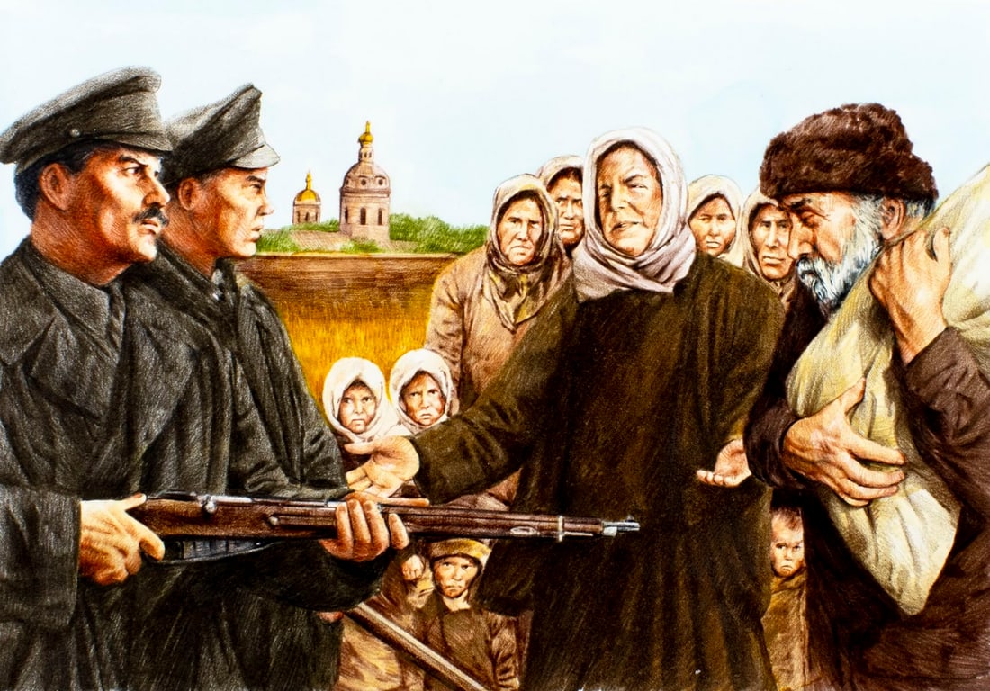 Paul Calle (CT,NY,1928-2010) colored pencil painting: ARTIST: Paul Calle (Connecticut, New York, 1928 - 2010) & Chris Calle (Connecticut, born 1961) TITLE: 1930s - Stalins Terror Reigns in Soviet Union (titled on verso) YEAR: 1998 MEDIU