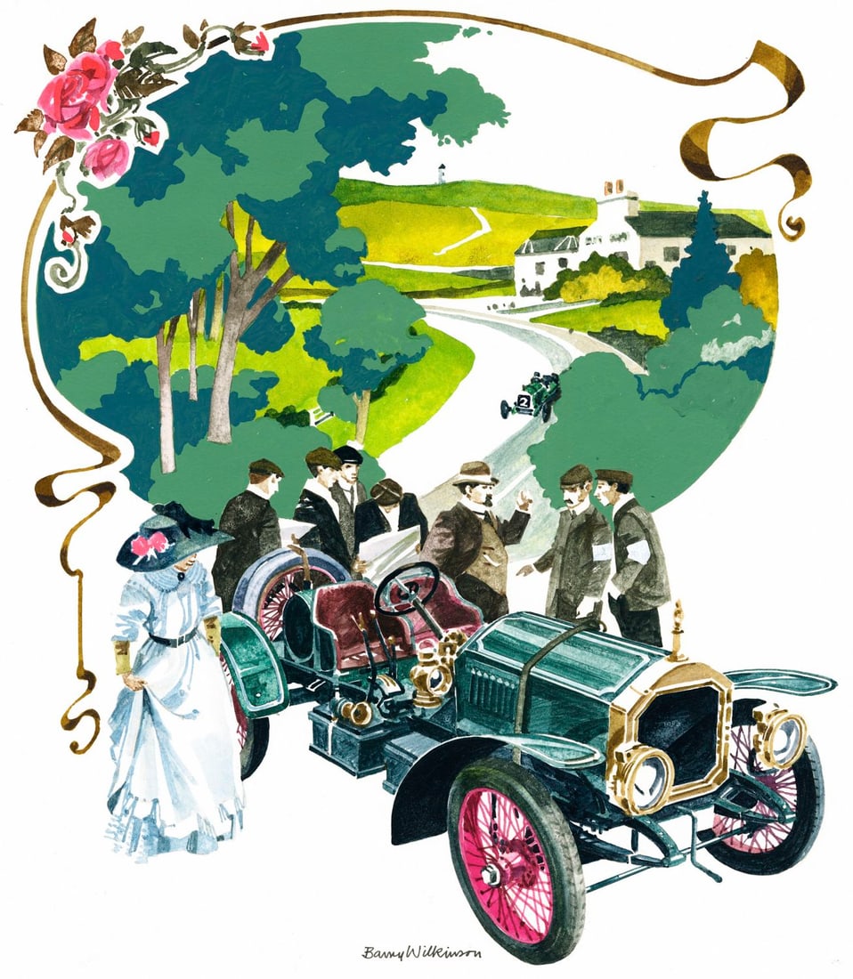 Barry Wilkinson (UK,1923-2007) gouache painting: ARTIST: Barry Wilkinson (United Kingdom, 1923 - 2007) TITLE: Isle of Man N 1, 1908 TT Napier, Hutton Car (titled on verso) YEAR: 1984 MEDIUM: gouache on board C