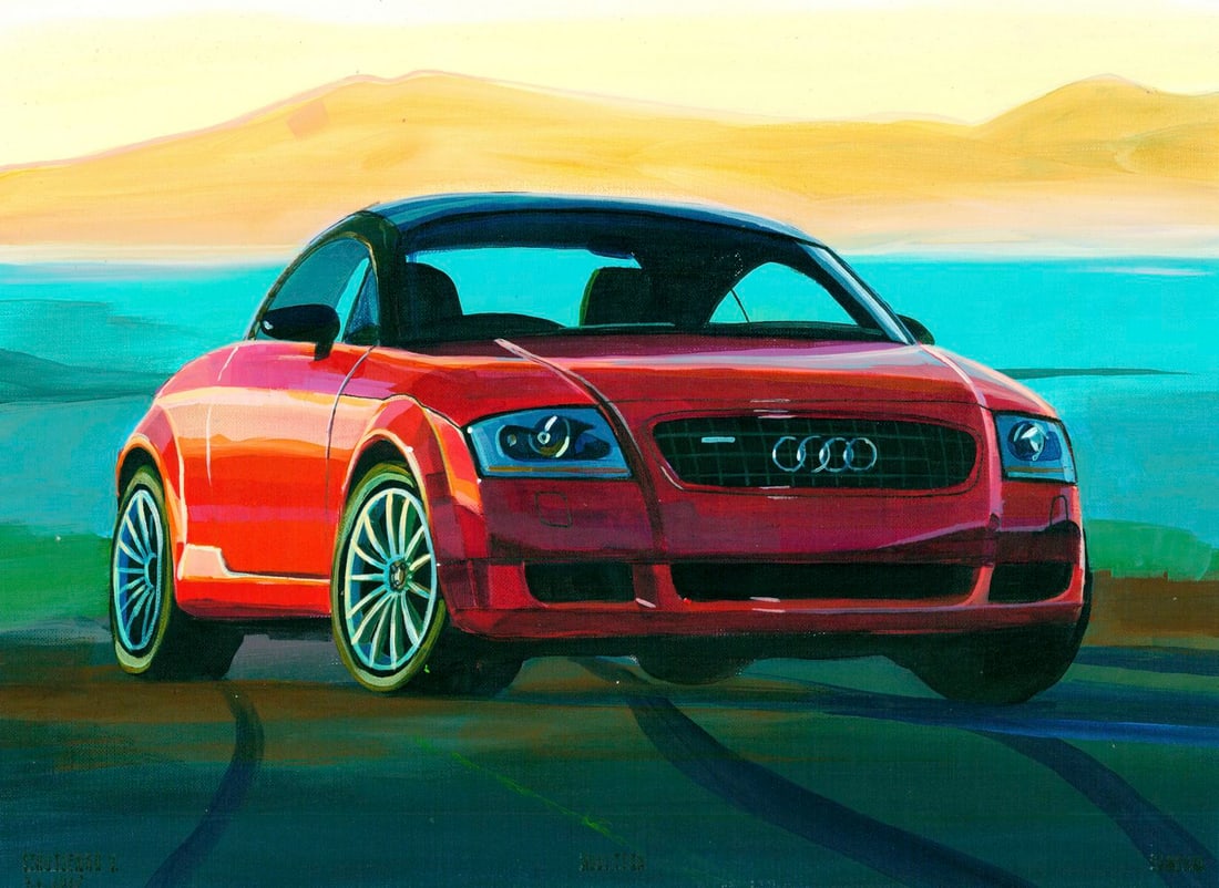 Volodymyr Strutsenko (Ukraine,20/21C) acrylic painting: ARTIST: Volodymyr Strutsenko (Ukrainian, 20/21 centuries) TITLE: Car Audi TT MEDIUM: acrylic on heavy paper CONDITION: Very good. ART SIZE: 12 x 16 inche
