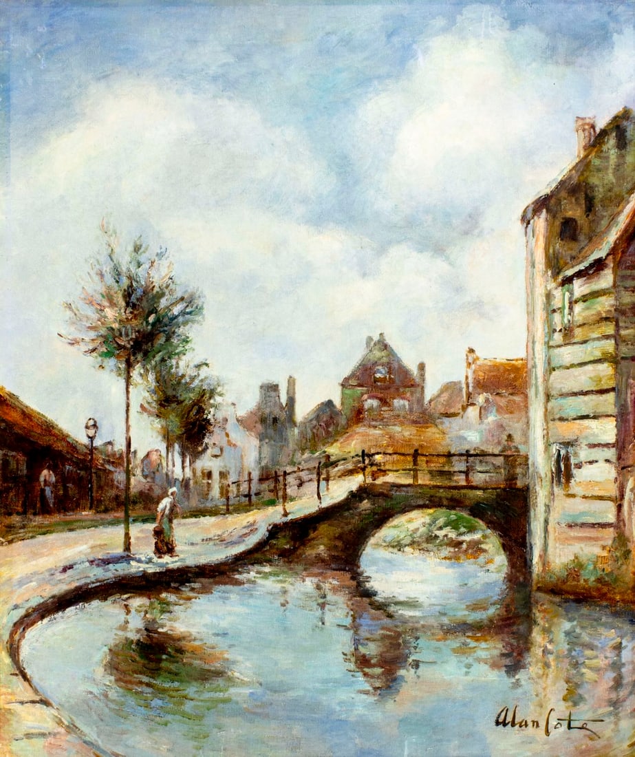 Alan Cote (NY,1937-?) oil painting: ARTIST: Alan Cote (New York, 1937 - ???) TITLE: Bridge Cityscape MEDIUM: oil on canvas CONDITION: Few minor scratches/paint losses. Some craquelure. No visible inpaint und