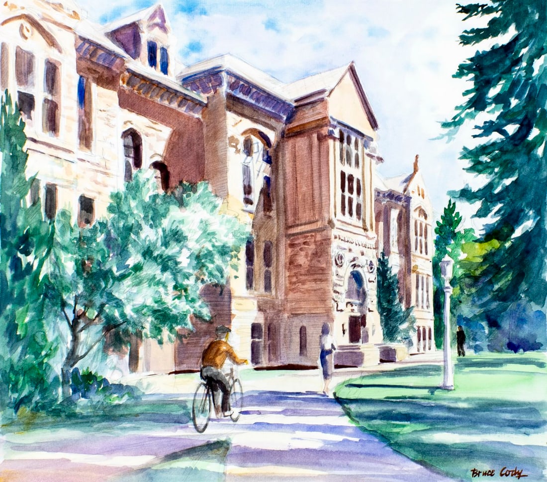 Bruce Cody (NM,20C) watercolor painting: ARTIST: Bruce Cody (New Mexico, 20 century) TITLE: Old Main (titled on verso) YEAR: 1988 MEDIUM: watercolor on board CONDITION: Very good. ART