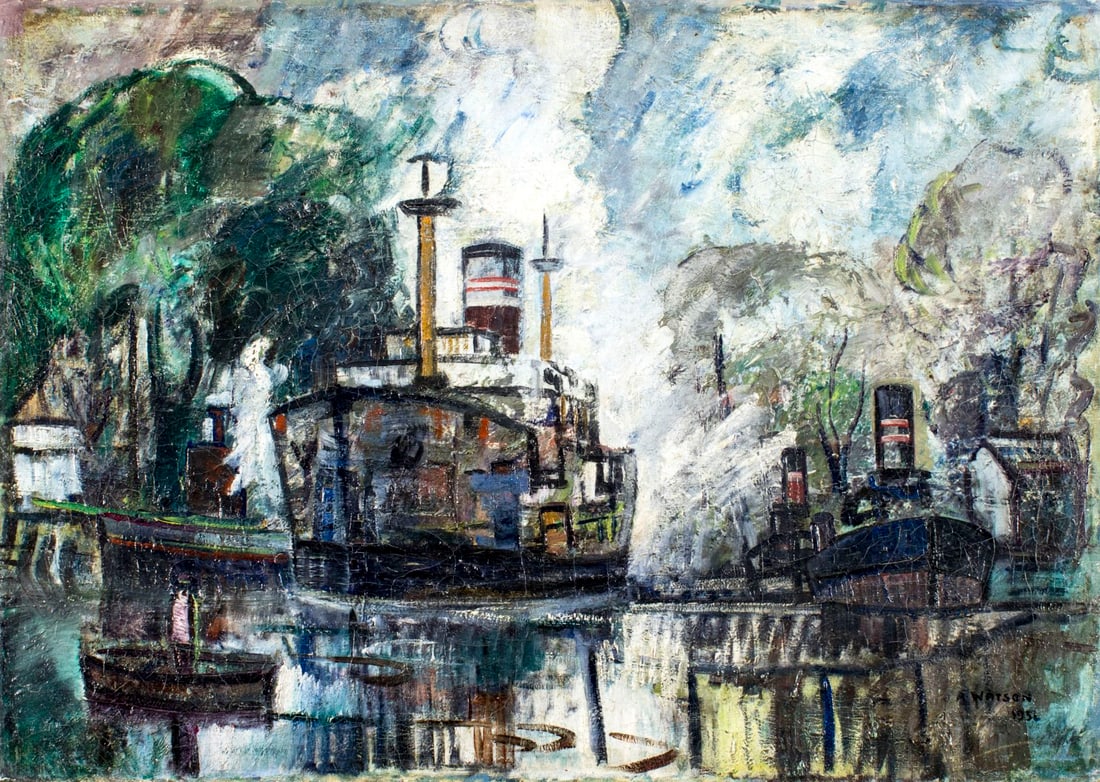 A Watson (France,early 20C) oil painting antique: ARTIST: A Watson (French, early 20 century) TITLE: Harbor Scene YEAR: 1932 MEDIUM: oil on canvas CONDITION: Few patches. Few minor paint losses. Some cra