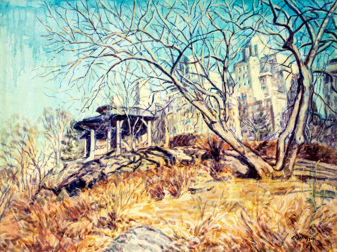 Evelyn Metzger (NY,Brazil,1911-2007) oil painting: ARTIST: Evelyn Borchard Metzger (New York, Brazilian, 1911 - 2007) TITLE: Spring Cityscape MEDIUM: oil on board CONDITION: Overall good. No visible inpaint under UV light.