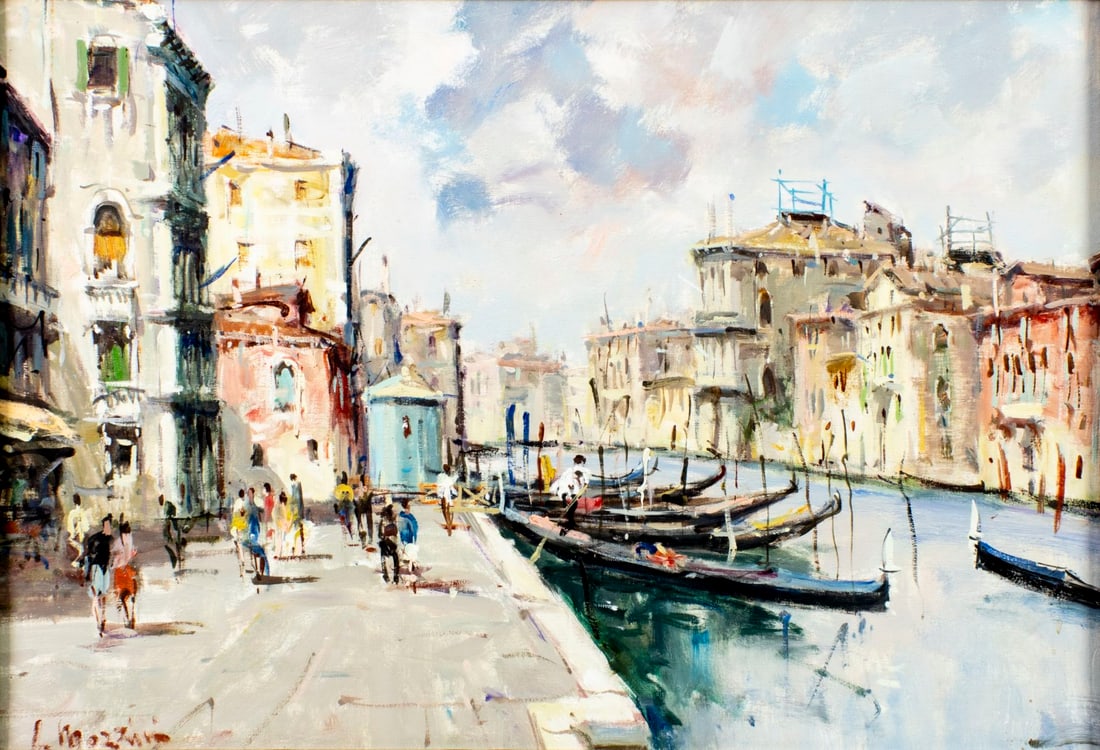 L Mazzini (Italy,20C) oil painting: ARTIST: L Mazzini (Italian, 20 century) TITLE: Venice Canal Cityscape, Italy MEDIUM: oil on canvas CONDITION: Overall good. No visible inpaint under UV light. ART