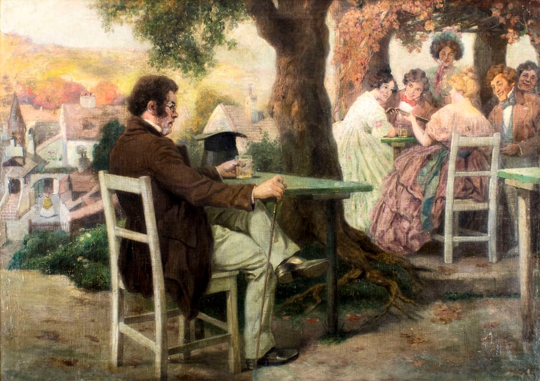 Rudolf Alfred Hoger (Austria,1877-1930) oil painting antique: ARTIST: Rudolf Alfred Hoger (Austrian, 1877 - 1930) TITLE: The Lone Gentleman MEDIUM: oil on canvas CONDITION: Some small paint losses. Minor craquelure. Some scattered sm