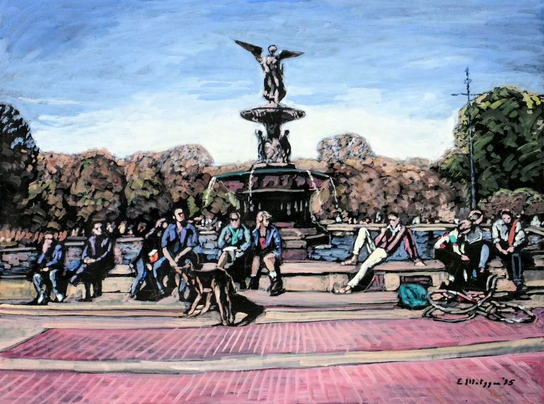 Evelyn Metzger (NY,Brazil,1911-2007) oil painting: ARTIST: Evelyn Borchard Metzger (New York, Brazilian, 1911 - 2007) TITLE: Bethesda with Dog and Bicycle (titled on verso) YEAR: 1995 MEDIUM: oil on board CONDI