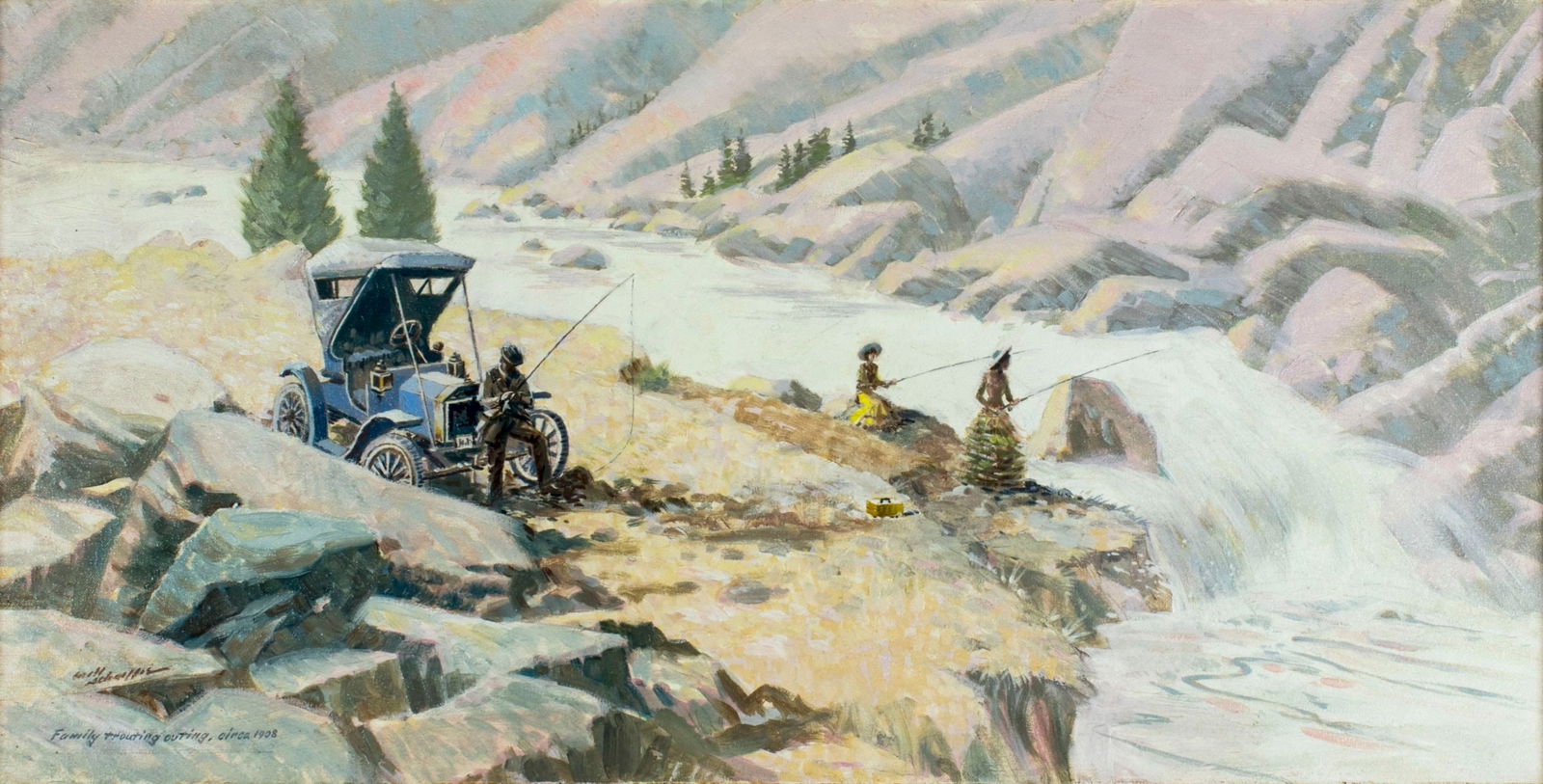 Will schaeffer (US,20C) oil painting: ARTIST: Will schaeffer (American, 20 century) NAME: Family Trouting Outing MEDIUM: oil on canvas CONDITION: Very good. No visible inpaint under UV light. SIGHT SIZE: 15 x 30 inches / 38 x