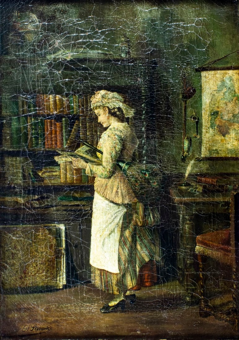 Jean Daniel Stevens (Belgium,1850-1920) oil painting antique: ARTIST: Jean Daniel Stevens (Belgian, 1850 - 1920) TITLE: Maid in Library MEDIUM: oil on canvas CONDITION: Some paint losses in the upper right quadrant (see pictures care