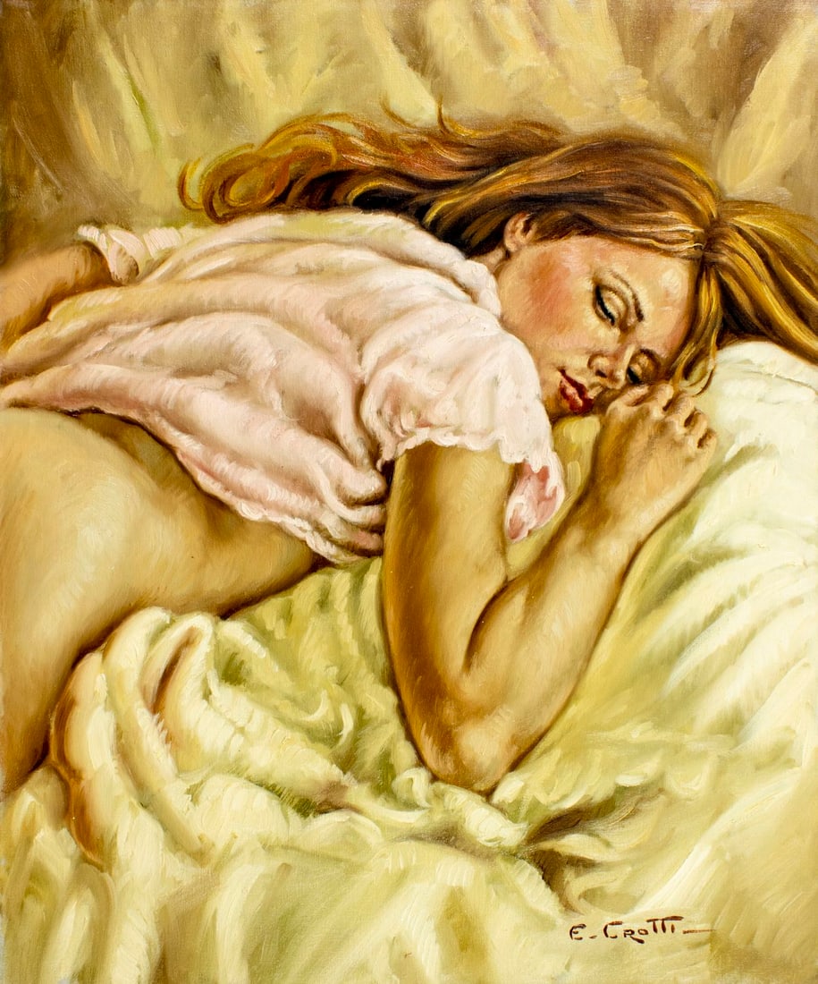 E Crotti (Europe,20C) oil painting: ARTIST: E Crotti (European, 20 century) TITLE: Sleeping Woman MEDIUM: oil on canvas CONDITION: Unstretched (In-House stretching available). Overall good. No visible inpaint