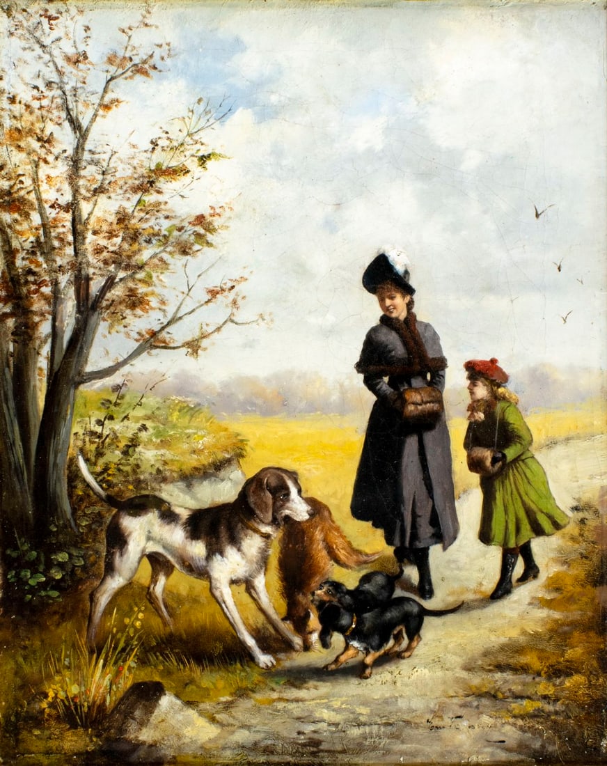 Antique 19C European oil painting signed: ARTIST: - (Europe, 19 century) TITLE: Hunting Dog with Fox MEDIUM: oil on canvas CONDITION: Relined. Few small paint losses. Some craquelure. Some scattered inpaintings.