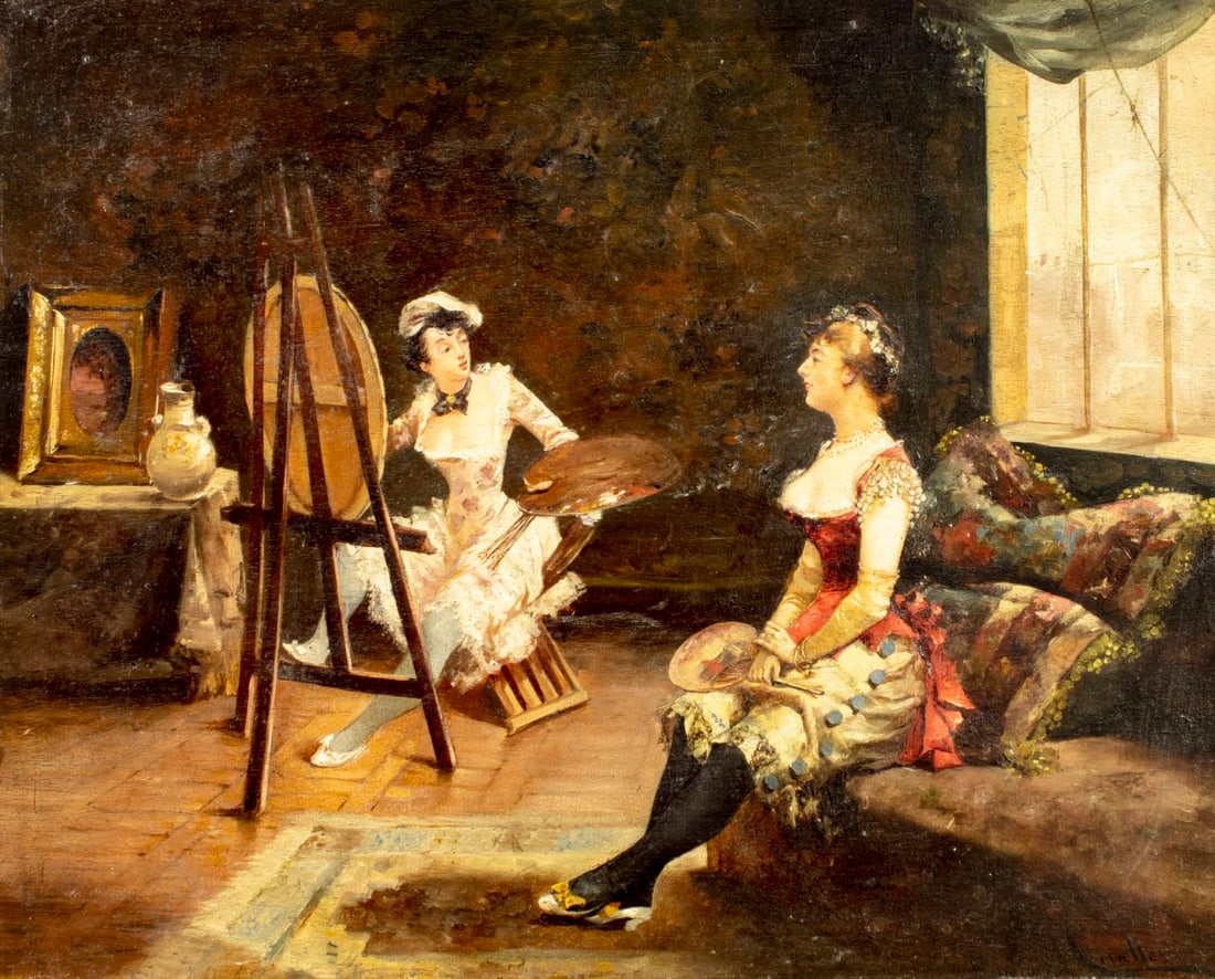 Enrique Miralles (Spain,1883-?) oil painting: ARTIST: Enrique Miralles (Spanish, 1883 - ???) TITLE: The Artist MEDIUM: oil on board CONDITION: Few small paint losses. Minor craquelure. Some scattered small inpaintings