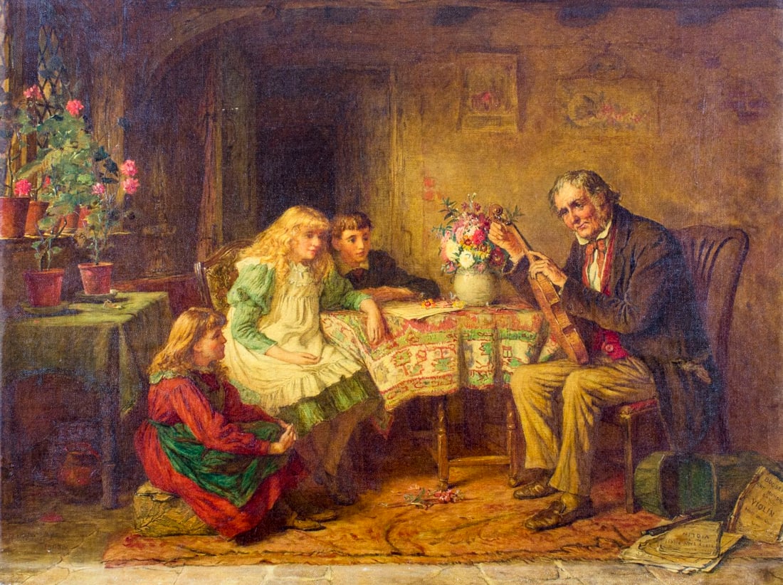 Robert W Wright (UK,1880-1906) oil painting antique: ARTIST: Robert W Wright (British, fl.1880 - 1906) TITLE: The Music Master YEAR: 1908 MEDIUM: oil on canvas CONDITION: Minor craquelure. No visible inpa