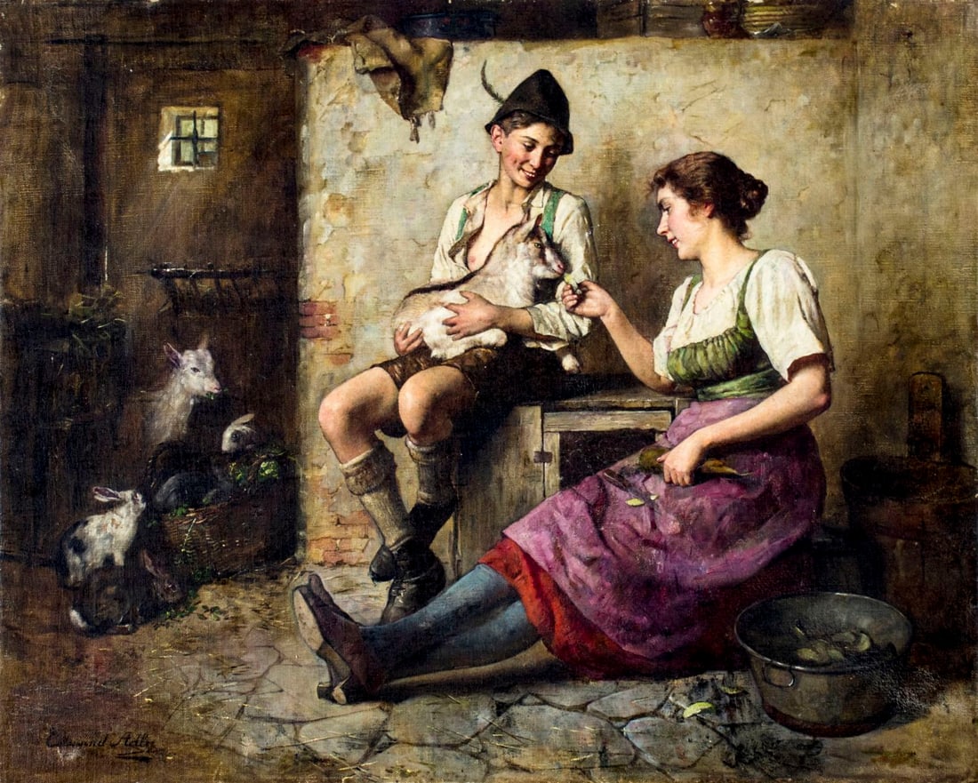 Edmund Adler (Germany,Austria,1876-1965) oil painting: ARTIST: Edmund Adler (German, Austrian, 1876 - 1965) NAME: A Snack in the Stable MEDIUM: oil on canvas CONDITION: Relined. Minor paint losses along edges. Minor craquelure. Two small tears r