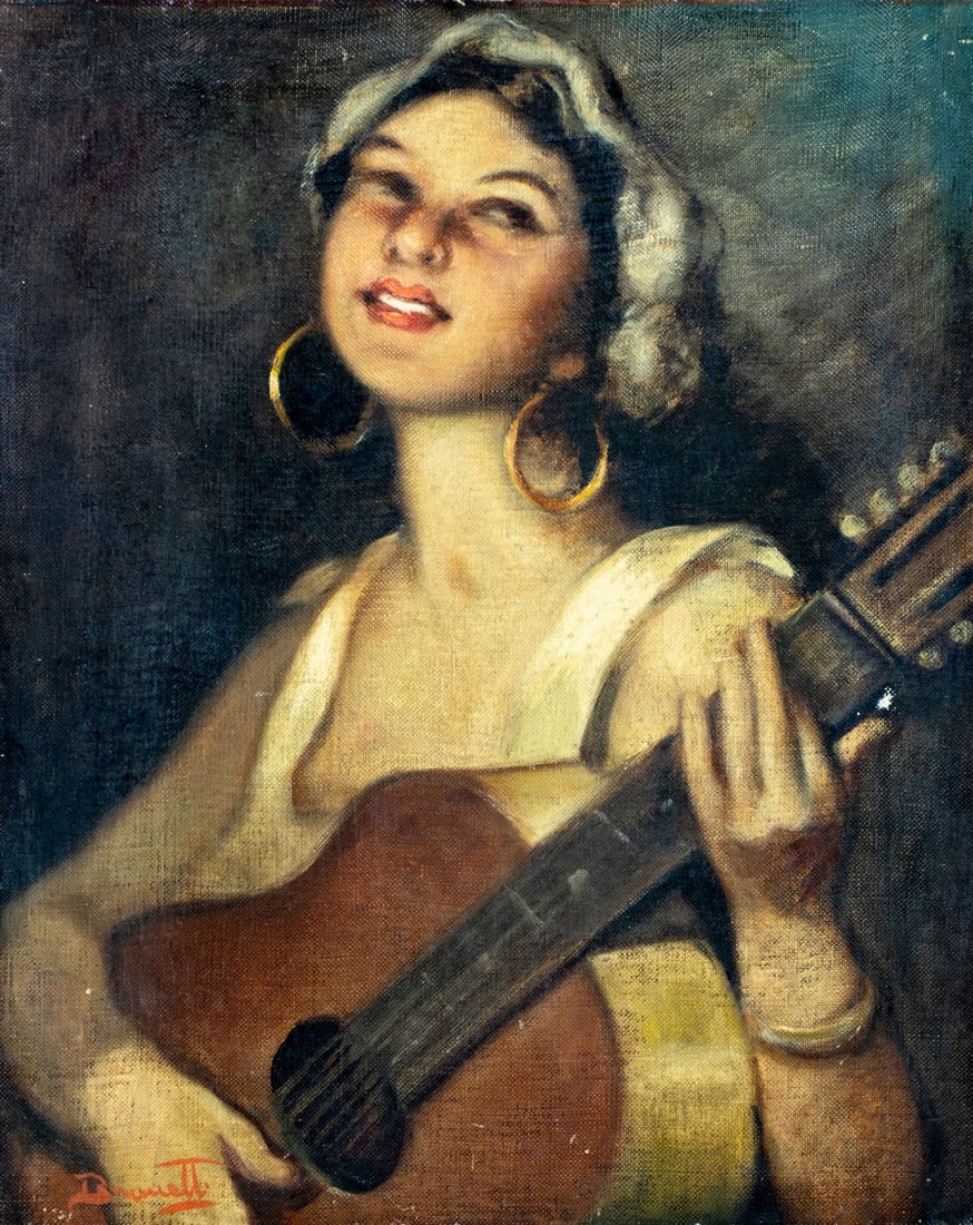 Brunetti (Italy,mid 20C) oil painting: ARTIST: Brunetti (Italian, mid 20 century) TITLE: Woman Palying Guitar MEDIUM: oil on canvas CONDITION: Some damages to the upper edge of canvas. Few small scratches/paint l