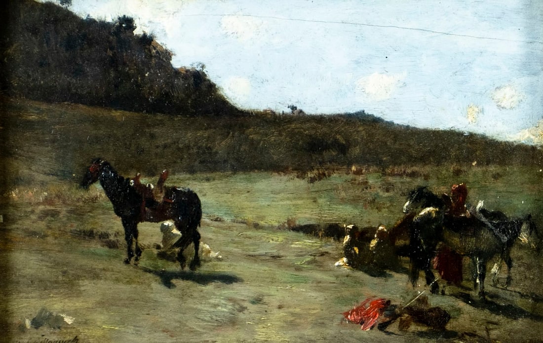 Gustave Guillaumet (France,1840-1887) oil painting antique: ARTIST: Gustave Achille Guillaumet (French, Africa, 1840 - 1887) TITLE: Arab Horsemen at Rest MEDIUM: oil on board CONDITION: One repaired horizontal crack along the upper