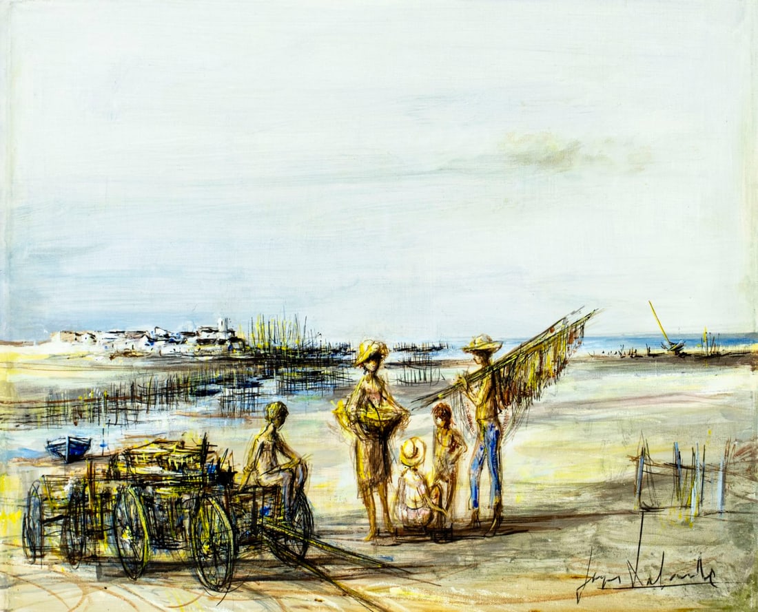 Jacques Lalande (French,1921-2003) oil painting: ARTIST: Jacques Lalande (France, 1921 - 2003) TITLE: Coastal Scene MEDIUM: oil on canvas CONDITION: Unstretched (In-House stretching available). Few very minor paint losse