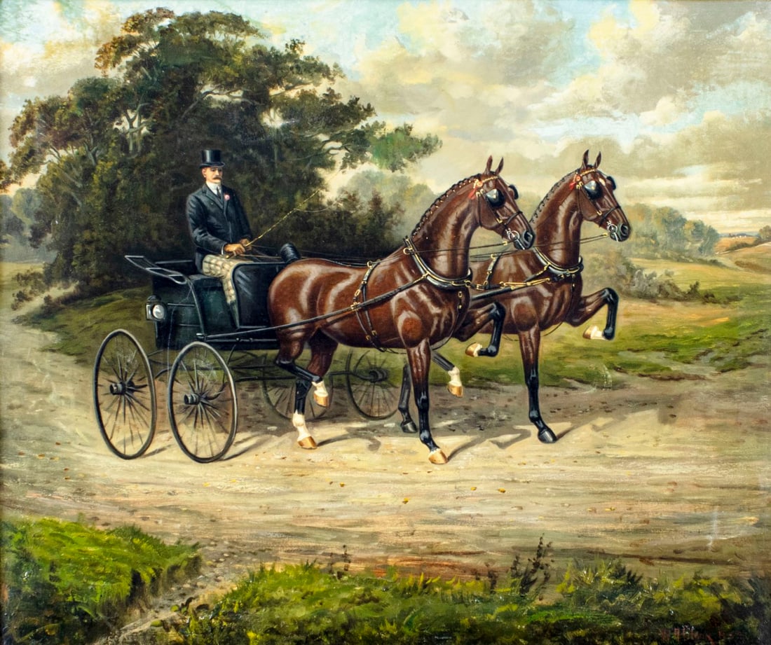 William Albert Clark (UK,1880-1963) oil painting: ARTIST: William Albert Clark (United Kingdom, 1880 - 1963) TITLE: Horses - Melbourne Princess and Queen of Ayr MEDIUM: oil on canvas CONDITION: Few patches. Minor paint lo