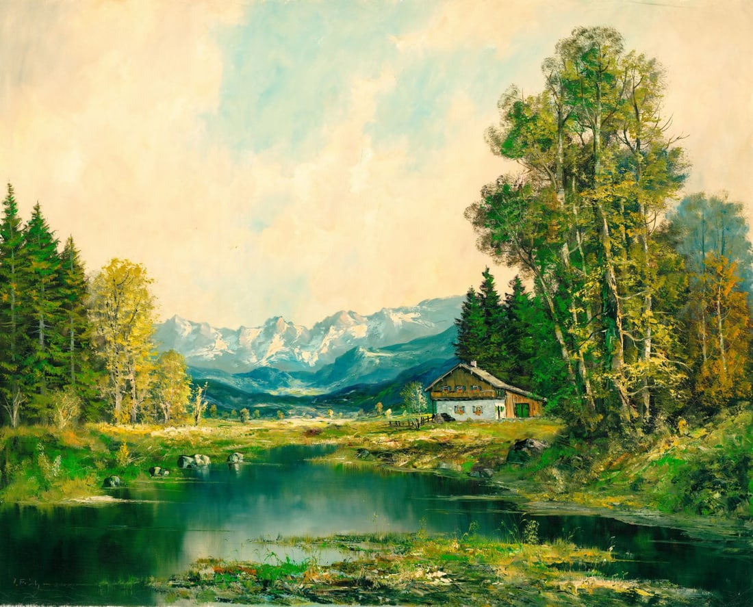 Joseph Fruhmesser (Austria,Germany,1928-1995) oil painting: ARTIST: Joseph Fruhmesser (Austrian, German, 1928 - 1995) TITLE: Mountain Lake Landscape with House MEDIUM: oil on canvas CONDITION: Unstretched (In-House stretching avai