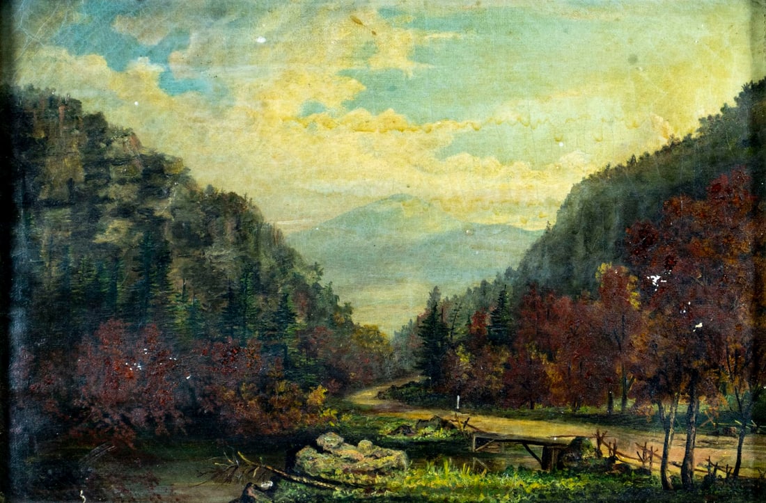 Antique 19C American oil painting: ARTIST: - (American, 19 century) TITLE: Autumn Landscape MEDIUM: oil on canvas CONDITION: Some scratches/paint losses. Would benefit from cleaning. Some craquelure. Some s