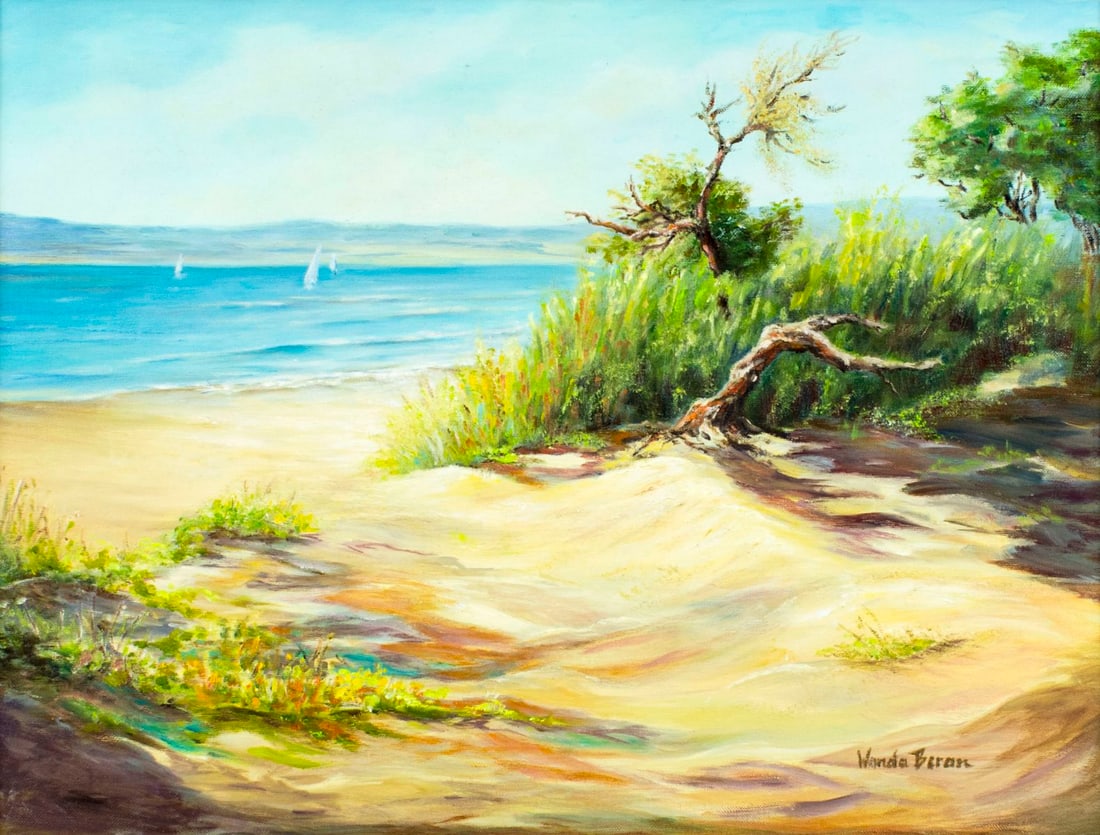 Wanda Beran (CA,TX,20/21C) oil painting: ARTIST: Wanda Beran (California, Texas, 20/21 century) NAME: Costal Seascape MEDIUM: oil on canvas CONDITION: Very good. No visible inpaint under UV light. SIGHT SIZE: 18 x 24 inches / 45