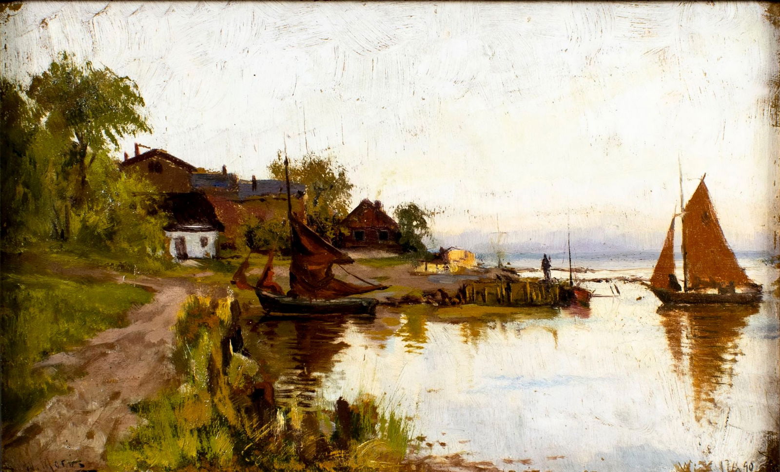 Walter Moras (German,1854/56-1925) oil painting antique: ARTIST: Walter Moras (Germany, 1854/56 - 1925) TITLE: Coastal Village Landscape YEAR: 1890 MEDIUM: oil on board. Board applied to newer board. CONDITION: