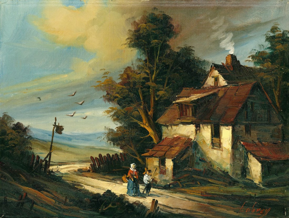 L Lobray (Europe,20C) oil painting: ARTIST: L Lobray (European, 20 century) TITLE: Village Landscape MEDIUM: oil on canvas CONDITION: Unstretched (In-House stretching available). Minor paint losses. No visible