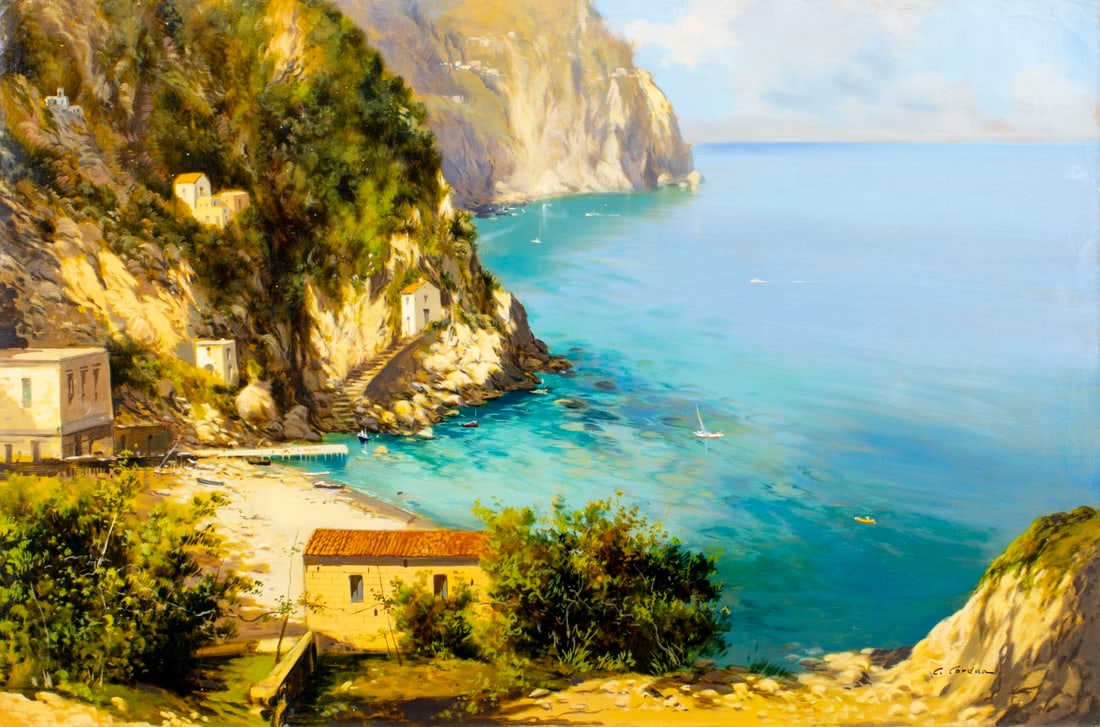 Carlo Cordua (Italy,b 1963) oil painting: ARTIST: Carlo Cordua (Italian, born 1963) TITLE: Italian Coastal Landscape MEDIUM: oil on canvas CONDITION: Unstretched (In-House stretching available). Minor paint losses.