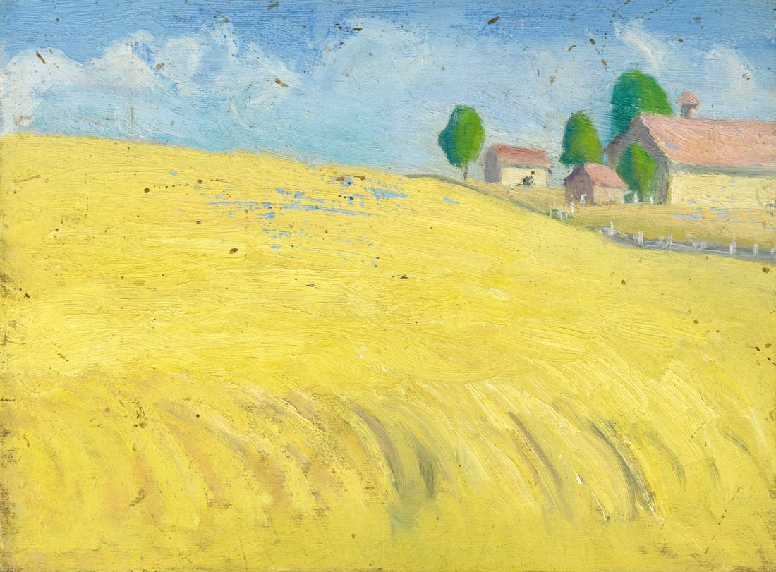 Helen DuMond (NY,CA,OR,1872-1968) oil painting: ARTIST: Helen Savier DuMond (New York, California, Oregon, 1872 - 1968) TITLE: Farm Landscape with Houses MEDIUM: oil on board CONDITION: Some scratches/paint losses (see