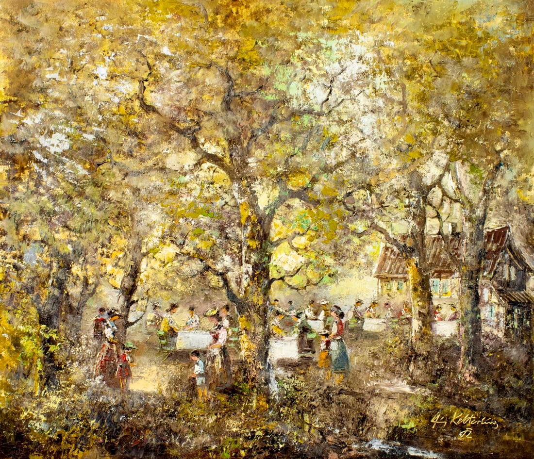 Ketterburg (German,20C) oil painting: ARTIST: Ketterburg (Germany, 20 century) TITLE: Outdoor Scene MEDIUM: oil on canvas CONDITION: Unstretched (In-House stretching available). Missing a few flakes of paint. So