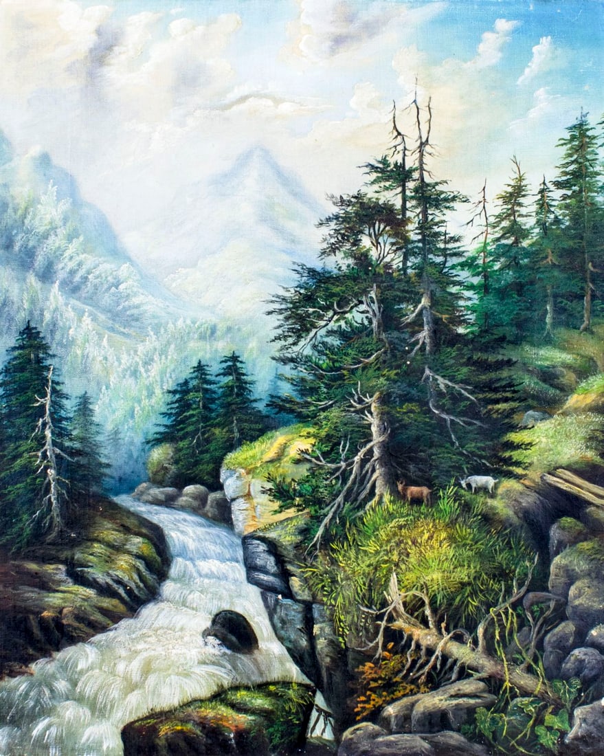 Antique 19C American oil painting: ARTIST: - (American, 19 century) TITLE: Mountain River Landscape MEDIUM: oil on canvas CONDITION: Two punctures repaired with minor correspponding inpaintings. Missing a few