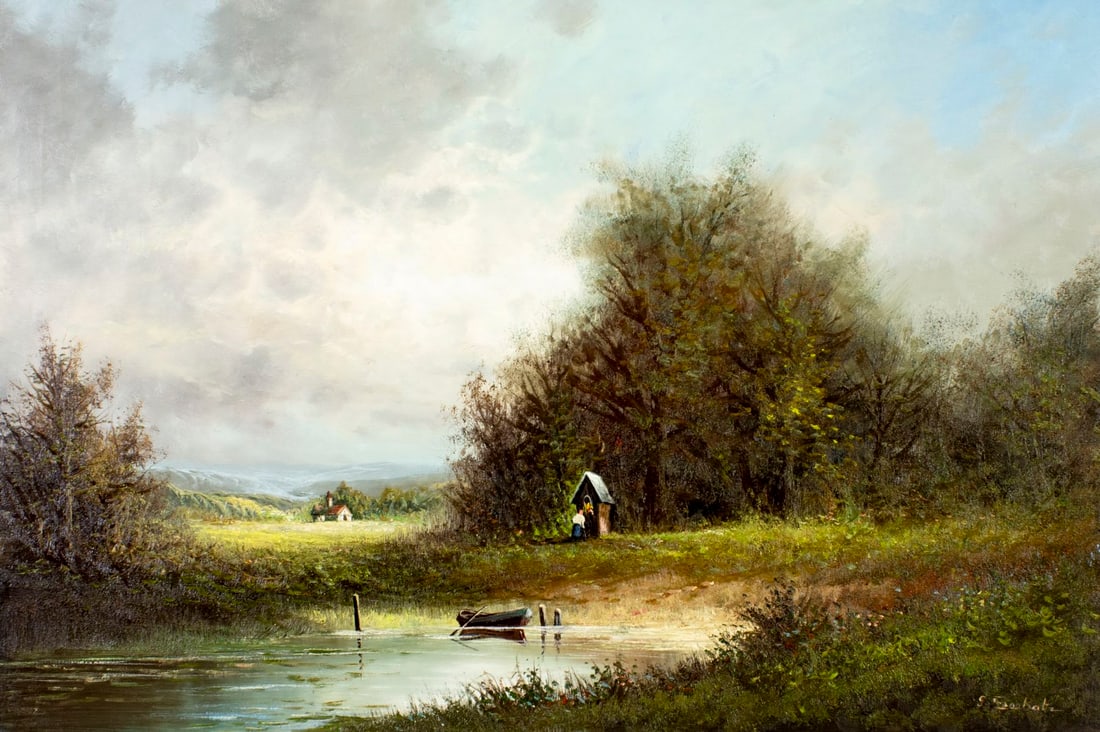 Gunter Seekatz (German,1928-?) oil painting: ARTIST: Gunter Seekatz (Germany, 1928 - ???) TITLE: Country Lake Landscape MEDIUM: oil on canvas CONDITION: Unstretched (In-House stretching available). Minor craquelure.