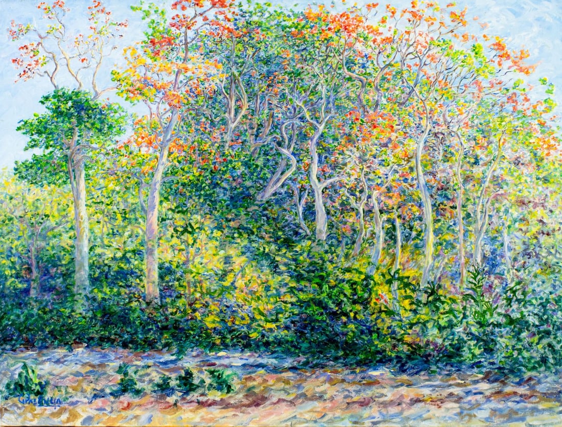 Gregorio Palencia (Spain,20C) oil painting: ARTIST: Gregorio Palencia (Spanish, 20 century) TITLE: Forest Landscape YEAR: 1997 MEDIUM: oil on canvas CONDITION: Overall good. No visible inpaint under UV light. ART SIZE: 28 x 38 inches / 71 x 96