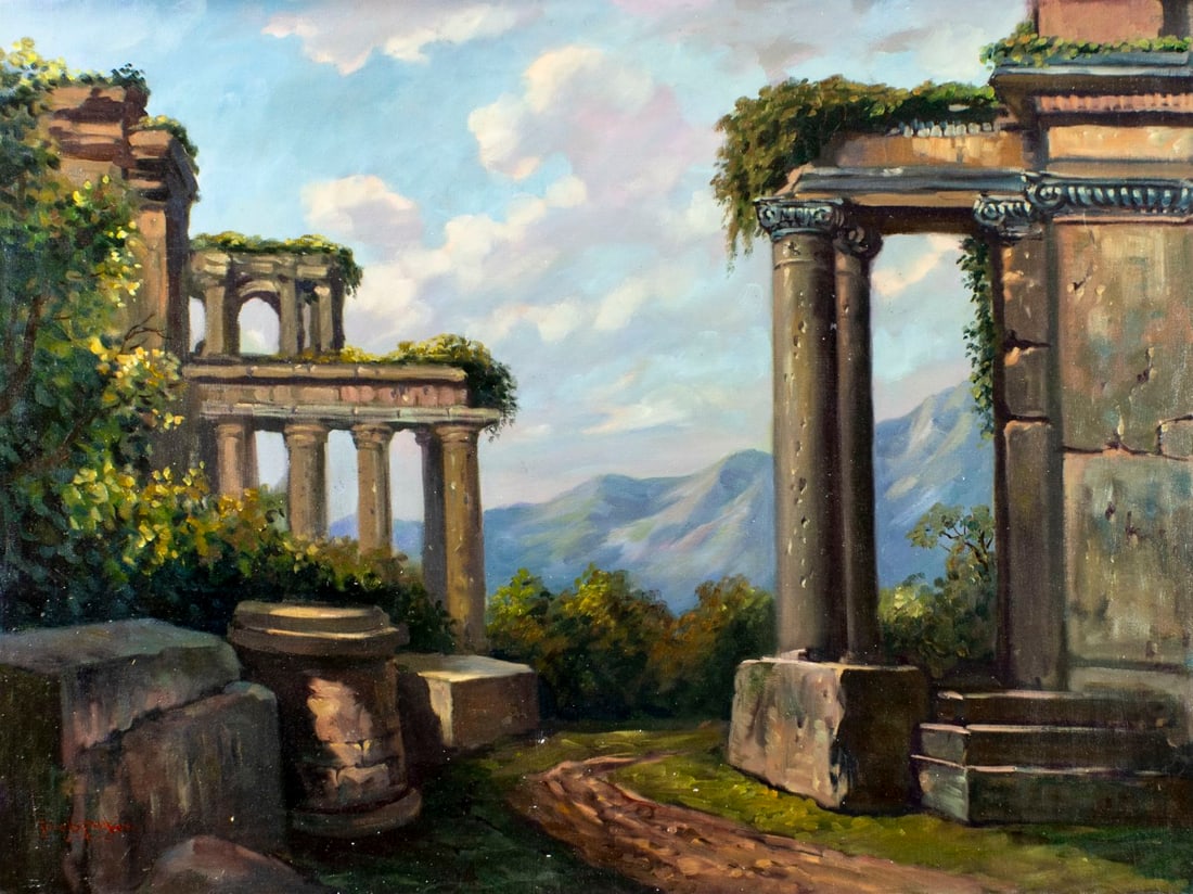 Jacob Parker (Europe,20C) oil painting: ARTIST: Jacob Parker (European, 20 century) TITLE: Mountain Cityscape with Ruins MEDIUM: oil on canvas CONDITION: Unstretched (In-House stretching available). Some small paint losses. No visible
