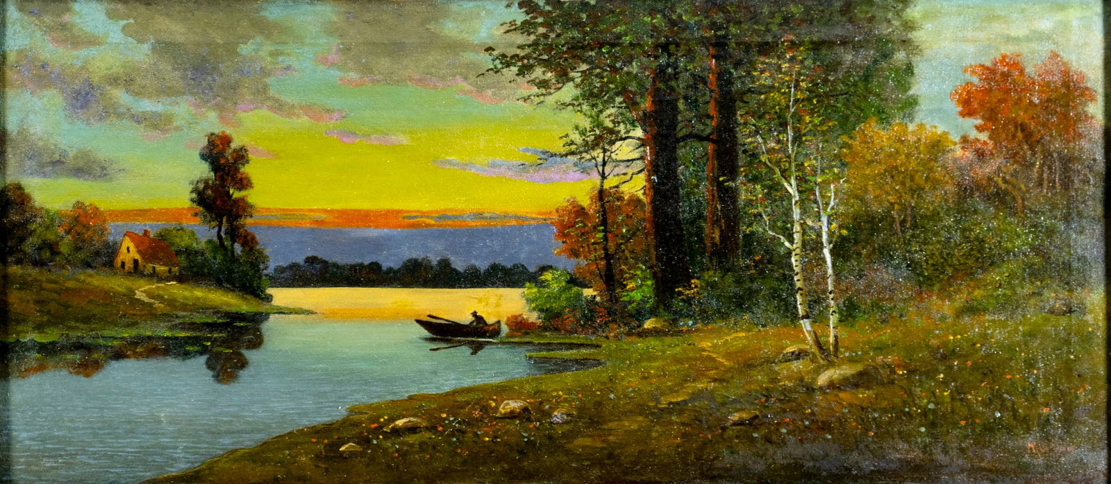 Murray (US,19C) oil painting antique: ARTIST: Murray (American, 19 century) TITLE: Sunset River Landscape MEDIUM: oil on canvas CONDITION: Few small paint losses. Some craquelure. No visible inpaint under UV li