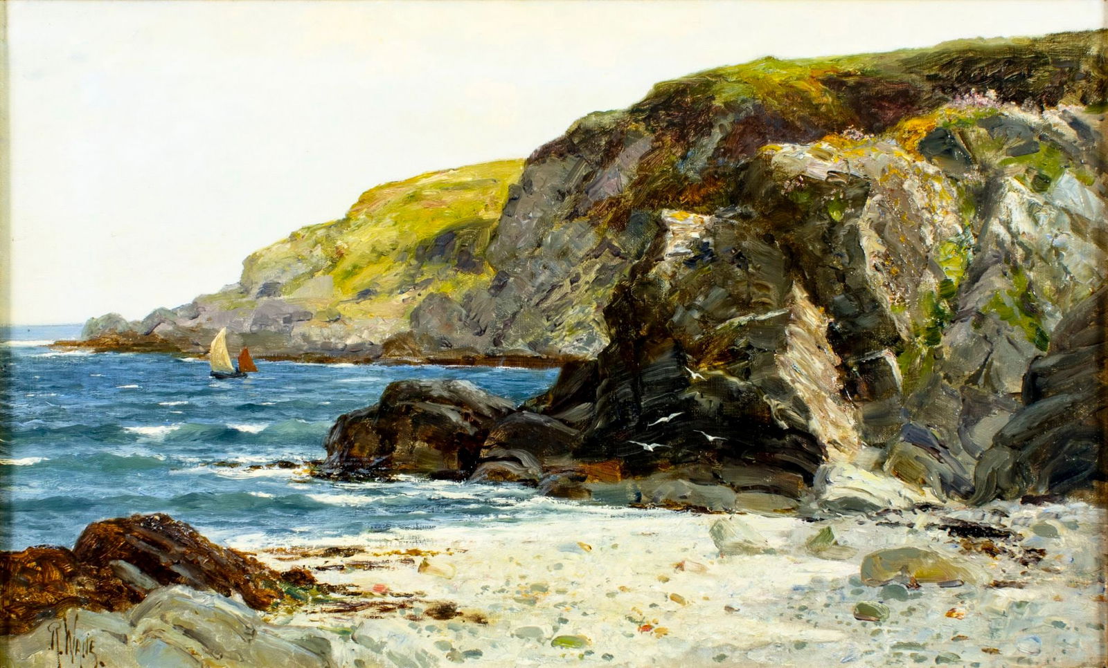 Richard Wane (UK,1852-1904) oil painting antique: ARTIST: Richard Whittaker Wane (United Kingdom, 1852 - 1904) TITLE: Coastal Landscape MEDIUM: oil on canvas CONDITION: Missing a few flakes of paint. Minor craquelure. No visible inpaint under UV