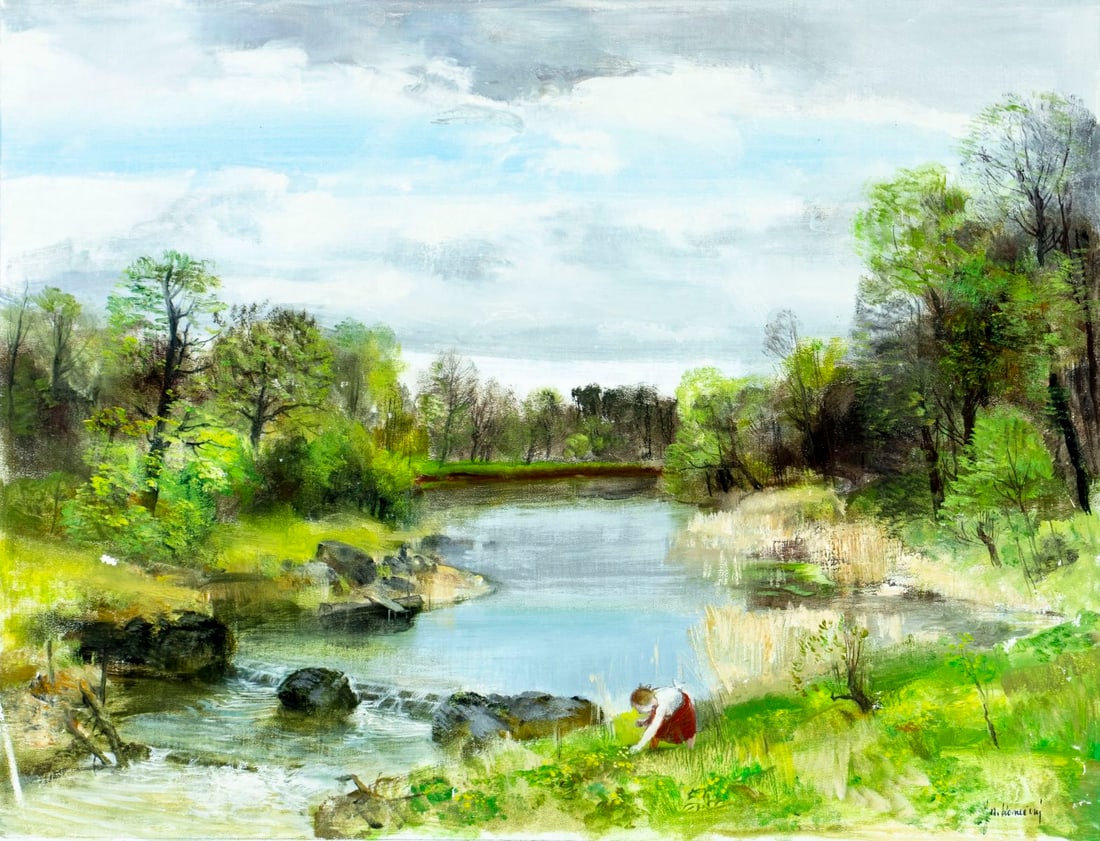 Josef Konecny (Czech,1907-1989) oil painting: ARTIST: Josef Konecny (Czech Republic, 1907 - 1989) TITLE: River Landscape with Child MEDIUM: oil on canvas CONDITION: Unstretched (In-House stretching available). Few small paint losses mostly