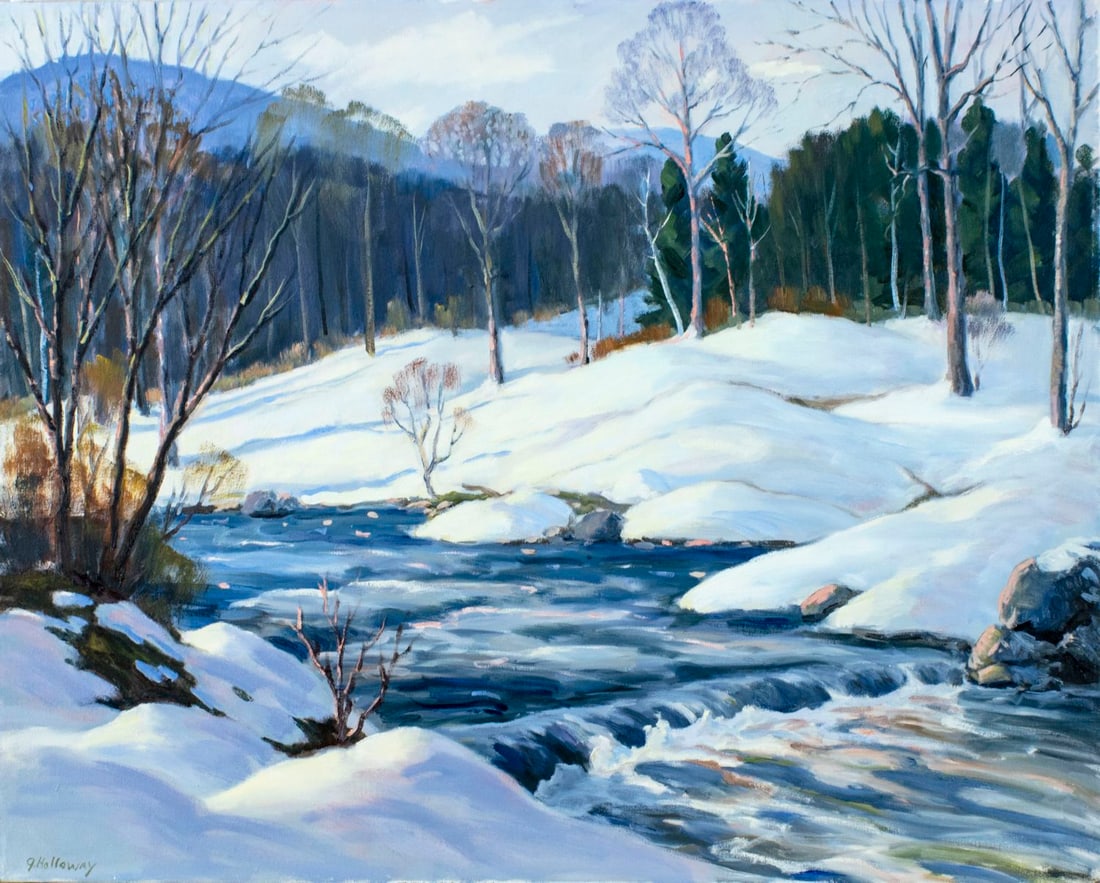George Holloway (NJ,20C) oil painting: ARTIST: George Holloway (New Jersey, 20 century) TITLE: Winter River Landscape MEDIUM: oil on canvas CONDITION: Very good. No visible inpaint under UV light. ART SIZE: 24 x 30 inches / 60 x 76 cm