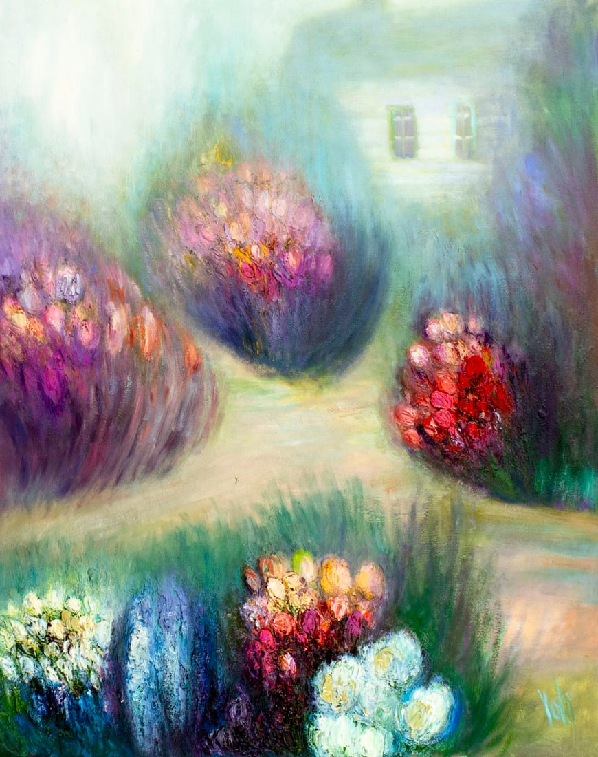 Yolanda Razzeto (Peru,1948-?) oil painting: ARTIST: Yolanda Razzeto (Peruvian, 1948 - ???) TITLE: Flower Garden Landscape with House MEDIUM: oil on canvas CONDITION: Unstretched (In-House stretching available). Overall good. No visible