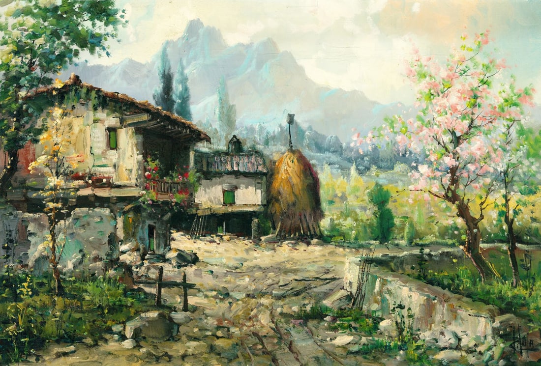 Vintage 20C German oil painting signed: ARTIST: - (Germany, 20 century) TITLE: Alpine Landscape MEDIUM: oil on canvas CONDITION: Unstretched (In-House stretching available). Missing a few flakes of paint. Some craquelure. No visible