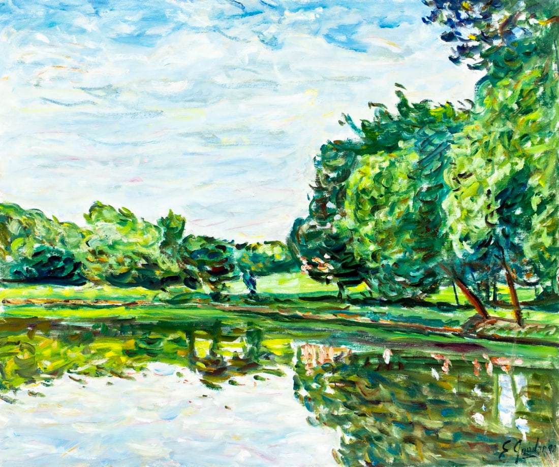 Edmund F Jordan Jr (PA,?-2017) oil painting: ARTIST: Edmund F Jordan Jr (Pennsylvania, ??? - 2017) TITLE: Pond Landscape MEDIUM: oil on canvas board CONDITION: Some scratches by the lower right corner. No visible inpaint under UV light.