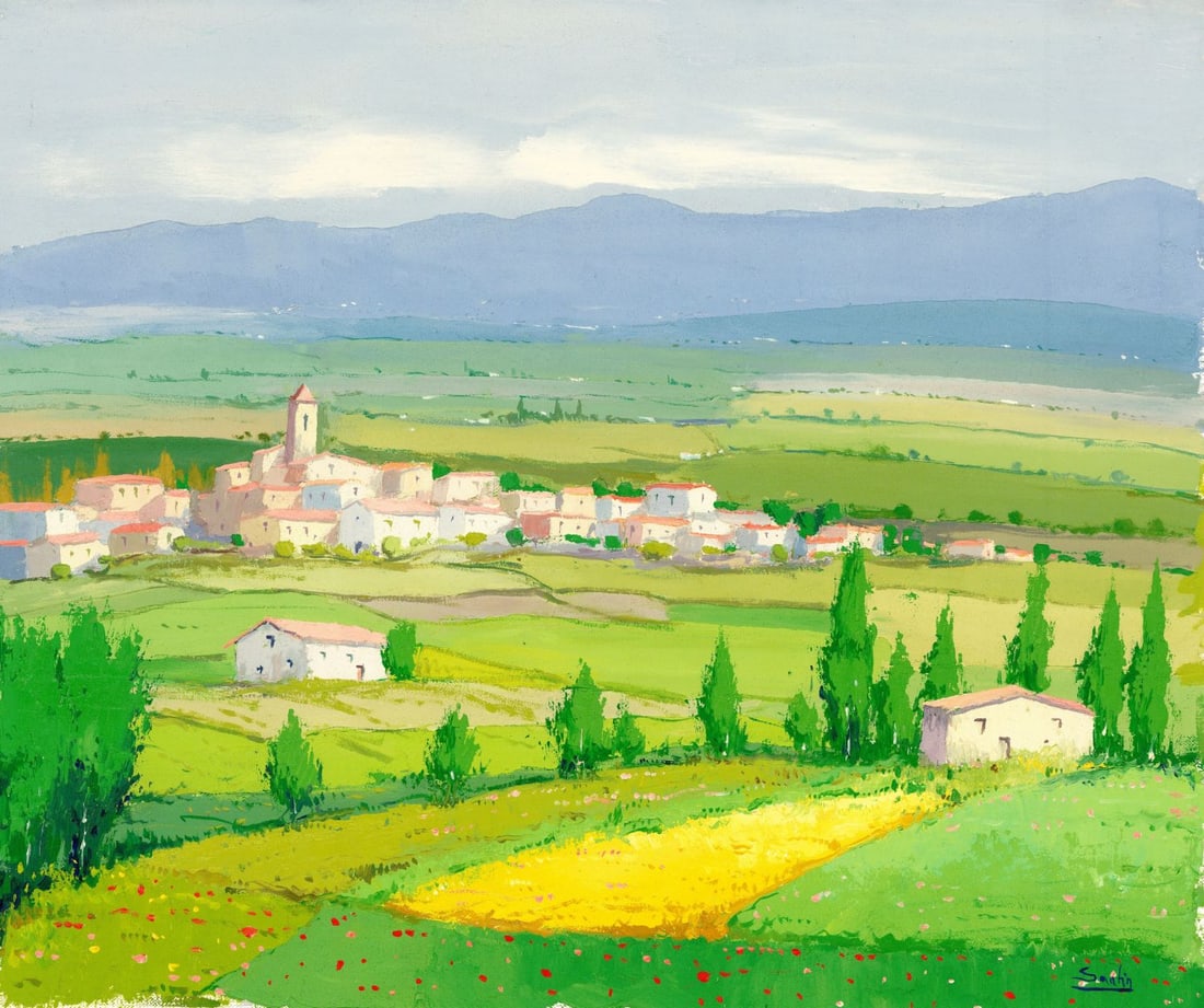 L Santin (Europe,20C) oil painting: ARTIST: L Santin (European, 20 century) TITLE: Town Landscape MEDIUM: oil on canvas CONDITION: Unstretched (In-House stretching available). Missing a few flakes of paint. Minor craquelure. No visible