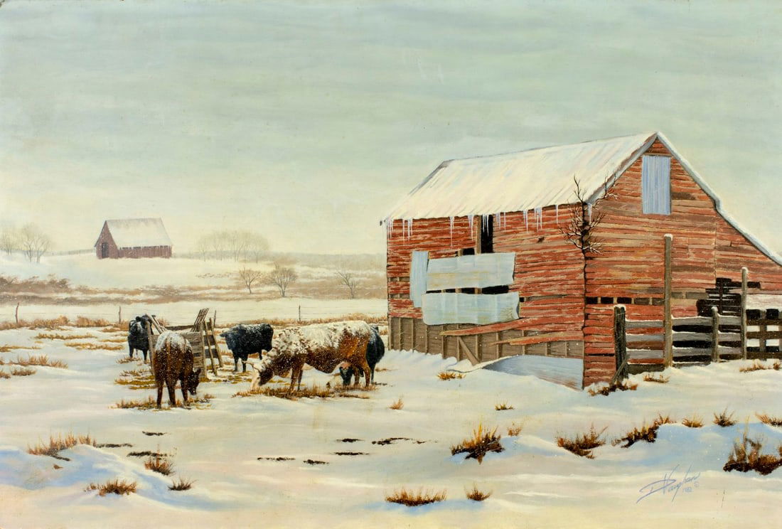 D Vaughan (US,20C) oil painting: ARTIST: D Vaughan (American, 20 century) TITLE: Winter Country Landscape YEAR: 1982 MEDIUM: oil on board CONDITION: Some damages to edges and corners. Few small dents. Few faint scratches. No visible